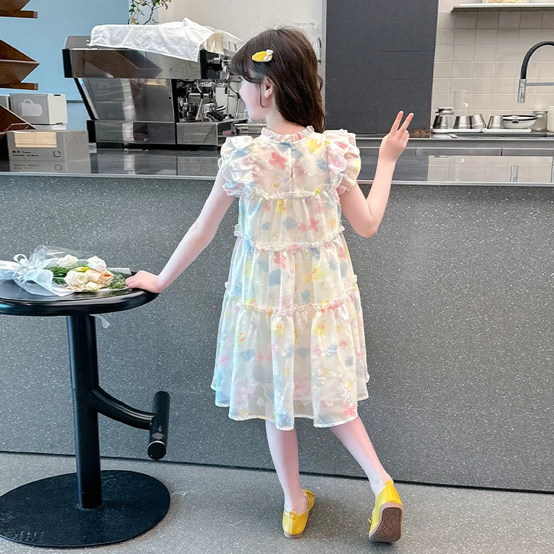 Summer girl's dress new style children's Western style floral chiffon princess dress printed baby's park play skirt