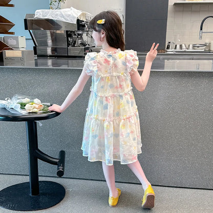 Summer girl's dress new style children's Western style floral chiffon princess dress printed baby's park play skirt