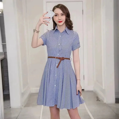 Women Korean Summer Attire Seven Quarter Sleeved Shirt Skirt Female New Fashion Blue White Striped Slim Dress Fit Shirt Skirt