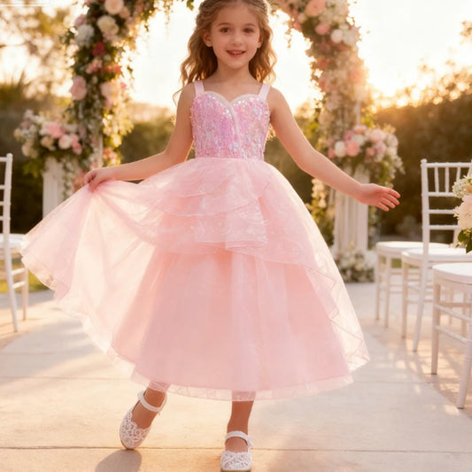 Festive Dress For Girl Fancy Pink Princess Dress Elegant Puffy Girls Wedding Bridesmaid Pageant Party Dress Birthday Ball Gown