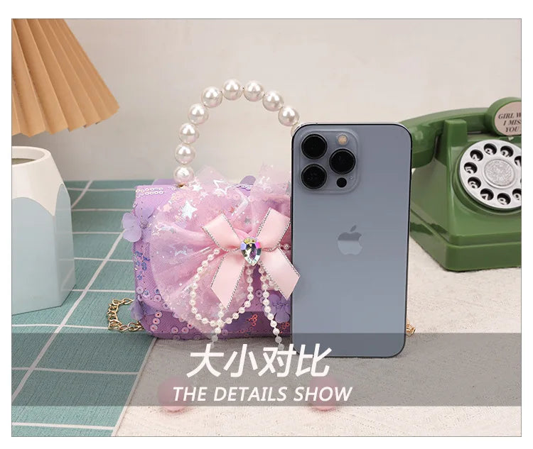 Cute Sequin Bow Kids Mini Square Shoulder Bags Versatile Children Chain Crossbody Bag Lace Girls Pearl Handbags Clutch Purse (Available)
