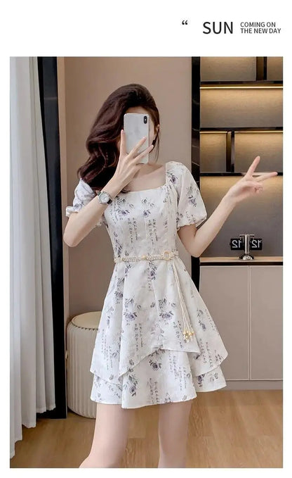 Summer New Chinese Sle Square Collar Bubble ort Sve Retro Waist Cinched A-Line  Dr Women's Faion Sweet Princ