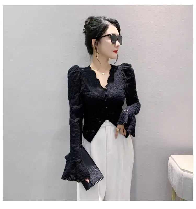 Spring Summer Lace T-shirt Slim Women V-neck Long Sleeve Shirt Button Irregular Short Tops Puff Sleeves Vintage Chic Design Tees