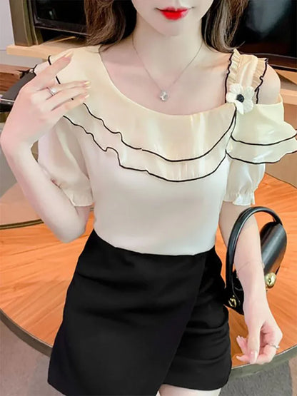 Sweet Slash Neck Off Shoulder Ruffles Blouses Female Clothing 2025 Summer New Loose Solid Color Korean Tops Puff Sleeve Shirts