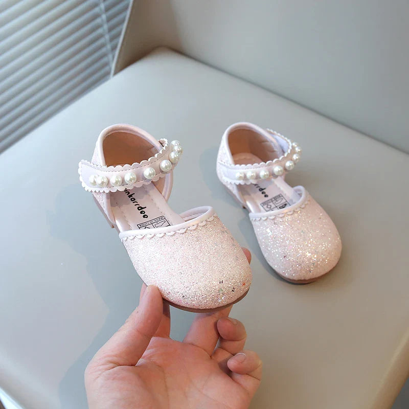 Girl's Princess Shoes Pearl Round Toe Glitter Sweet Kid's Flat Shoe Solid Colors Anti-slip Cute Party Daily Children Shoe