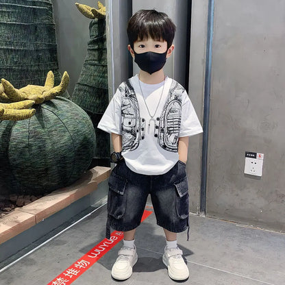 New Boys Sleeveless Vest Denim Shorts 2PC Sets Outdoor Festival Clothing Vintage Print Kids Miracle Design 2-10 Years White Tops