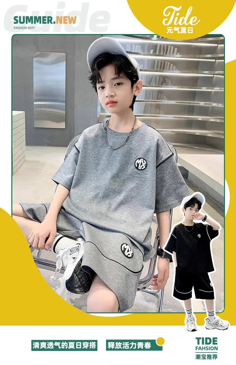 Boys Suit Child set Clothes Short-Sleeved loose black t-shirt + half pants Teenager Tracksuits Kids 8 10 12 year