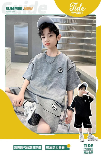 Boys Suit Child set Clothes Short-Sleeved loose black t-shirt + half pants Teenager Tracksuits Kids 8 10 12 year