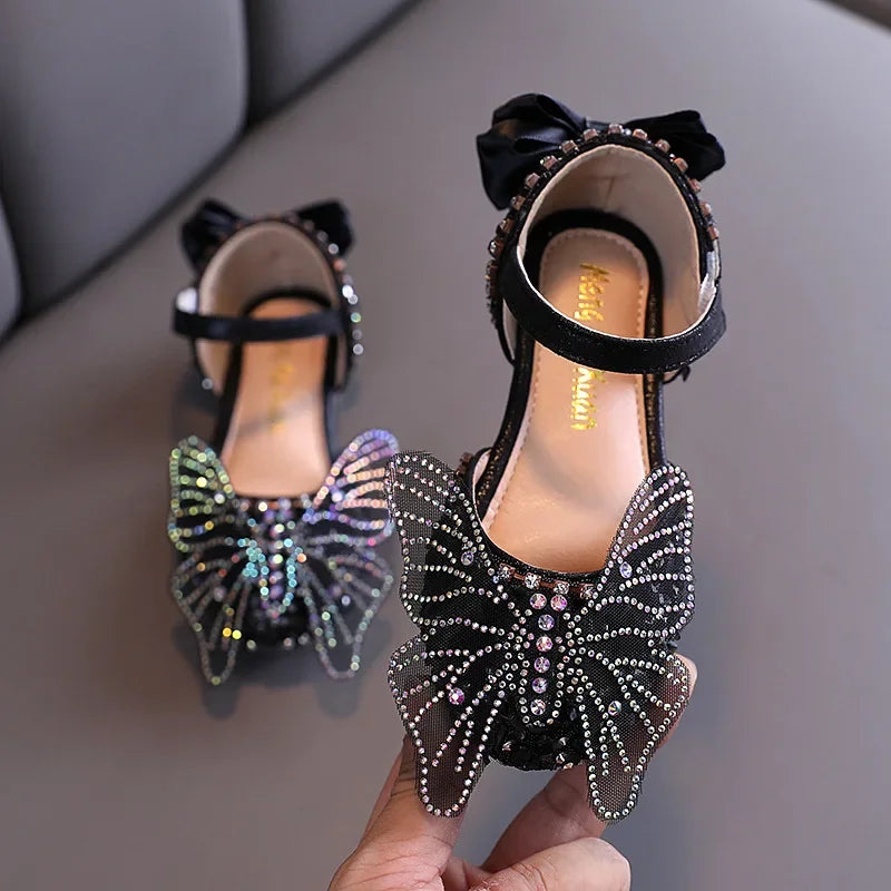 Girls Leather Shoes Children's Lace Butterfly Rhinestone Pearls Beading Performance Single Shoes Fashion Weeding Kids Shoes