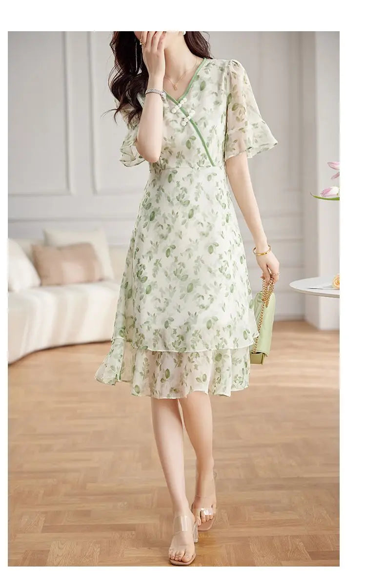 Women's Green Floral Print Chiffon Dress V Neck Ruffle Sleeve Double Layer Hem Casual Midi Dress