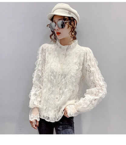 Blouse Women Shirt Lace Long Sleeve Women's Clothing Spring Lantern Sleeve Stand Collar Cardigan Top Blusas Mujer De Moda