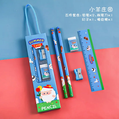 5pcs/Set Cute Cartoon Pencil Stationery Set Children Student Back To School Stationery Supplies Kawaii Kids Prize Christmas Gift