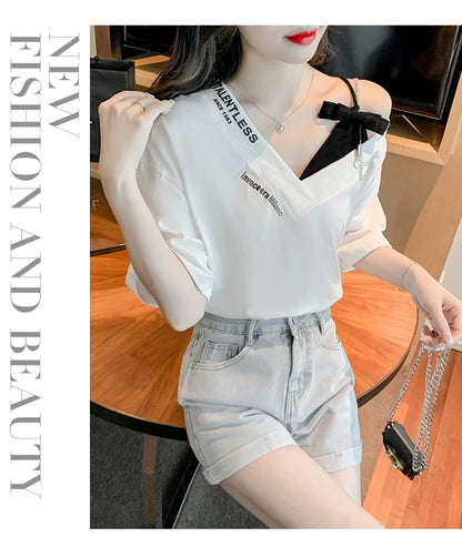 Unique Design oulder Bared ort Sve V-Ne Loose T-irt for Women  Knot Print Splice Asymmetrical Korean Sle