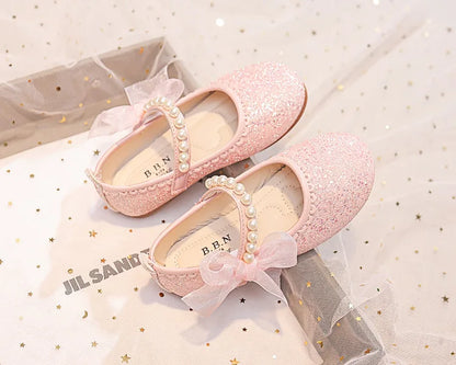 Girls Oxfords Bling Shoes Spring Autumn Kids School Dancing Shoes Pearl Beadings Big Girls Soft PU Leather Shoes Pink, Beige