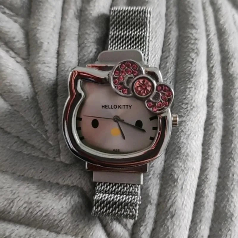 Hello Kitty Cartoon Watch Cute Student Fashion Watch Bow Decoration Quartz Wristwatch Girl Christmas Gift