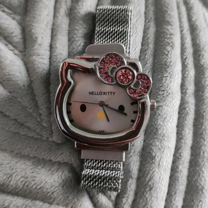 Hello Kitty Cartoon Watch Cute Student Fashion Watch Bow Decoration Quartz Wristwatch Girl Christmas Gift