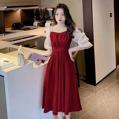 Slimming Long French Collar Dress with Belt and Patchwork for Plus Size Women Empire Waist Knee Length Bubble Sleeve Dress