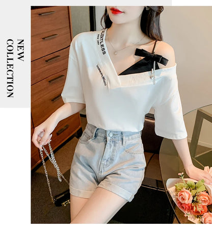 Unique Design oulder Bared ort Sve V-Ne Loose T-irt for Women  Knot Print Splice Asymmetrical Korean Sle