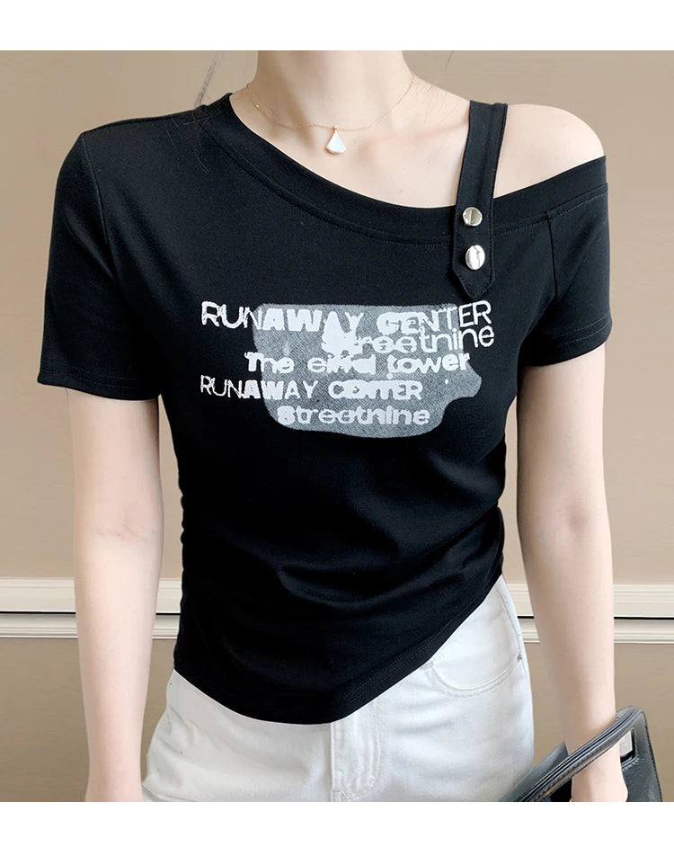 Sexy oulder Bared T irt Women's ort Sve Asymmetrical Collar Faionable Slimming Top Korean Sle Cotton Blend Summe...
