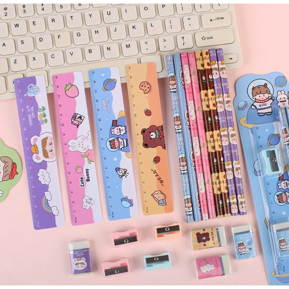 5Pcs Cute Cartoon Stationery Set Pencil Ruler Eraser Pencil Sharpener Kawaii Children School Scrapbook Supplies Set For Gifts