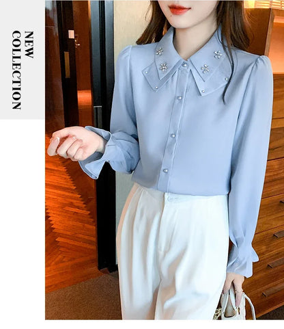 Elegant Long Sleeve Chiffon Shirts Women Autumn Winter Fashion White Blusa Feminina Korean Style Office Ladies Tops Blouses