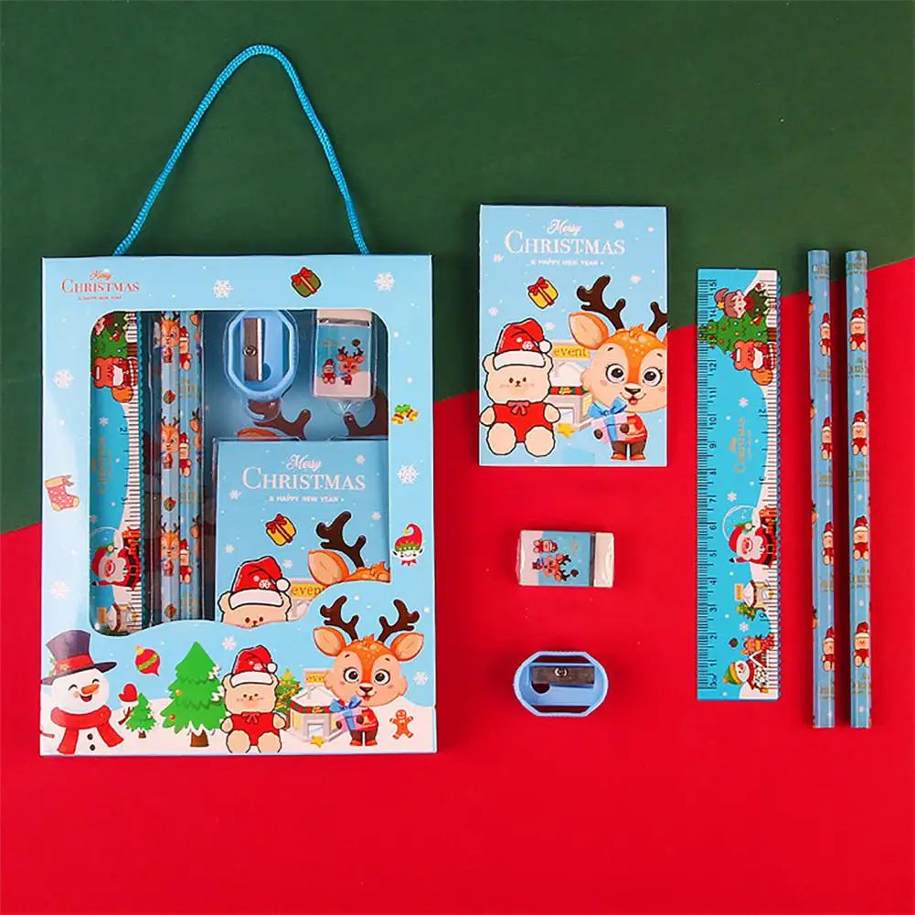 6Pcs/set Christmas Stationery Set Xmas Pattern Pencil Sharpener Erasers Children Pencils Gift Kawaii School Stationery Supplies