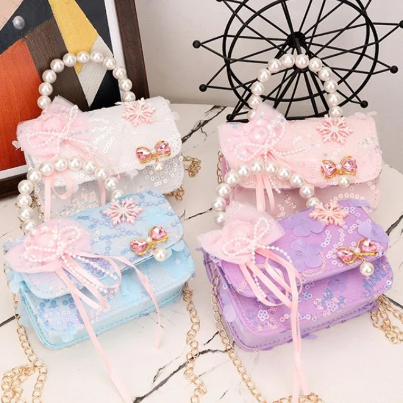Cute Sequin Bow Kids Mini Square Shoulder Bags Versatile Children Chain Crossbody Bag Lace Girls Pearl Handbags Clutch Purse (Available)