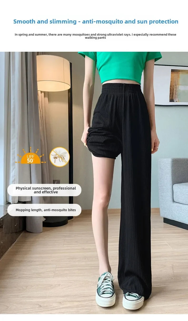 Korea Dongdaemun Ice Silk Wide-leg Pants Women's Thin Slimming Floor Pants White Striped Pants Y2K Fashion Pants Baggy (Available)