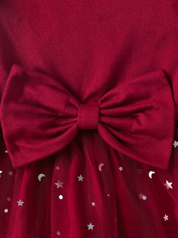 Girls' Burgundy Star Dress: Ruffle Sleeve Bow Tulle Party Outfit