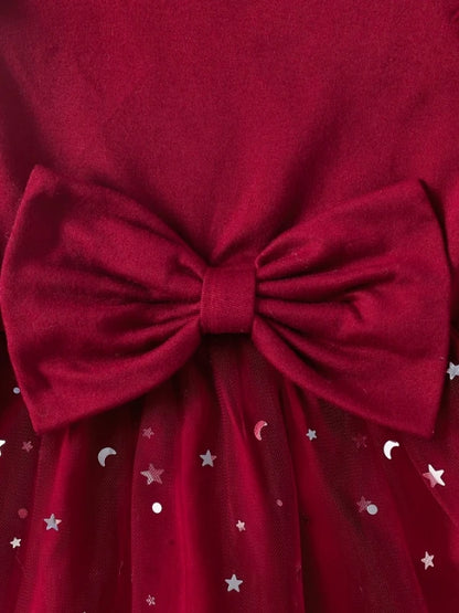 Girls' Burgundy Star Dress: Ruffle Sleeve Bow Tulle Party Outfit