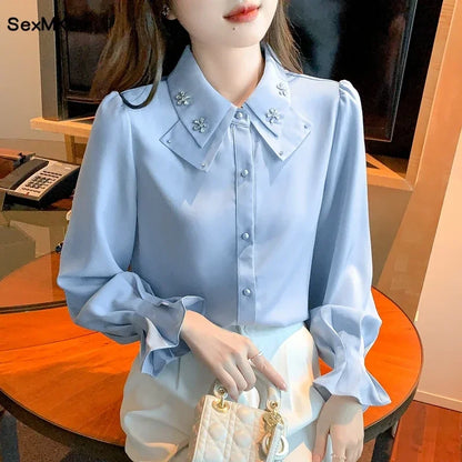 Elegant Long Sleeve Chiffon Shirts Women Autumn Winter Fashion White Blusa Feminina Korean Style Office Ladies Tops Blouses