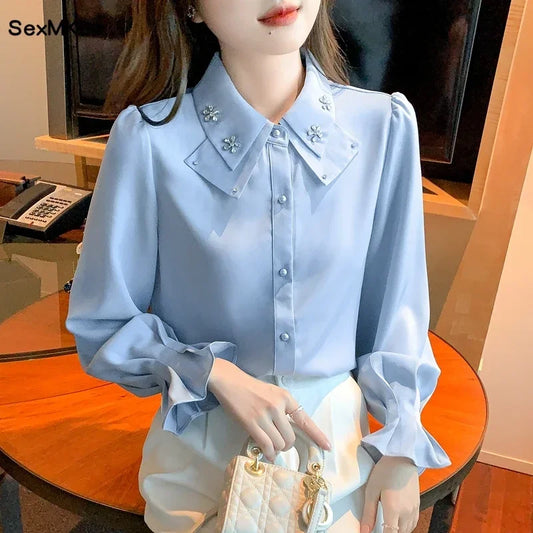 Elegant Long Sleeve Chiffon Shirts Women Autumn Winter Fashion White Blusa Feminina Korean Style Office Ladies Tops Blouses
