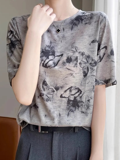 Retro Tie Dye Print Silk Wool ort Sve T irt Women Summer Loose Slimming Thin  Silk f Sve Top