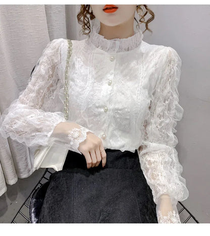 Blouse Women Shirt Lace Long Sleeve Women's Clothing Spring Lantern Sleeve Stand Collar Cardigan Top Blusas Mujer De Moda