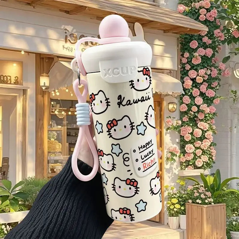 600ml Sanrio Hello Kitty Vacuum Thermos Cup SS316 Insulated Coffee Mug with Lifting Rope Portable Outdoor Drinking Water Kettle