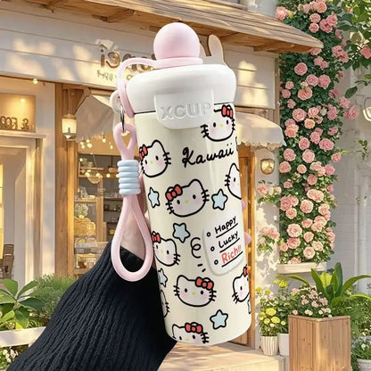 600ml Sanrio Hello Kitty Vacuum Thermos Cup SS316 Insulated Coffee Mug with Lifting Rope Portable Outdoor Drinking Water Kettle
