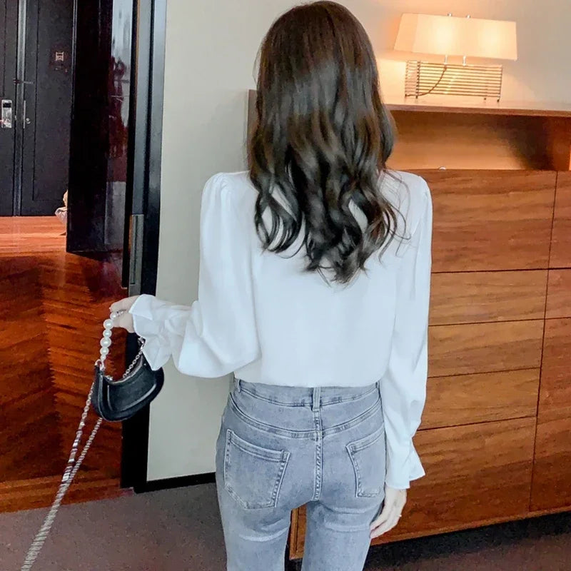 Elegant Long Sleeve Chiffon Shirts Women Autumn Winter Fashion White Blusa Feminina Korean Style Office Ladies Tops Blouses