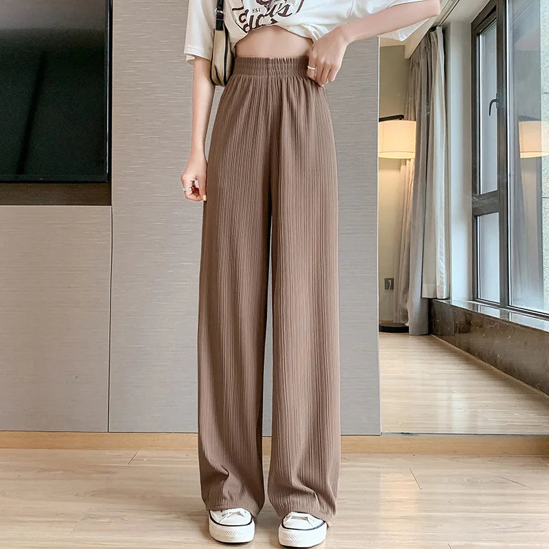 Korea Dongdaemun Ice Silk Wide-leg Pants Women's Thin Slimming Floor Pants White Striped Pants Y2K Fashion Pants Baggy (Available)