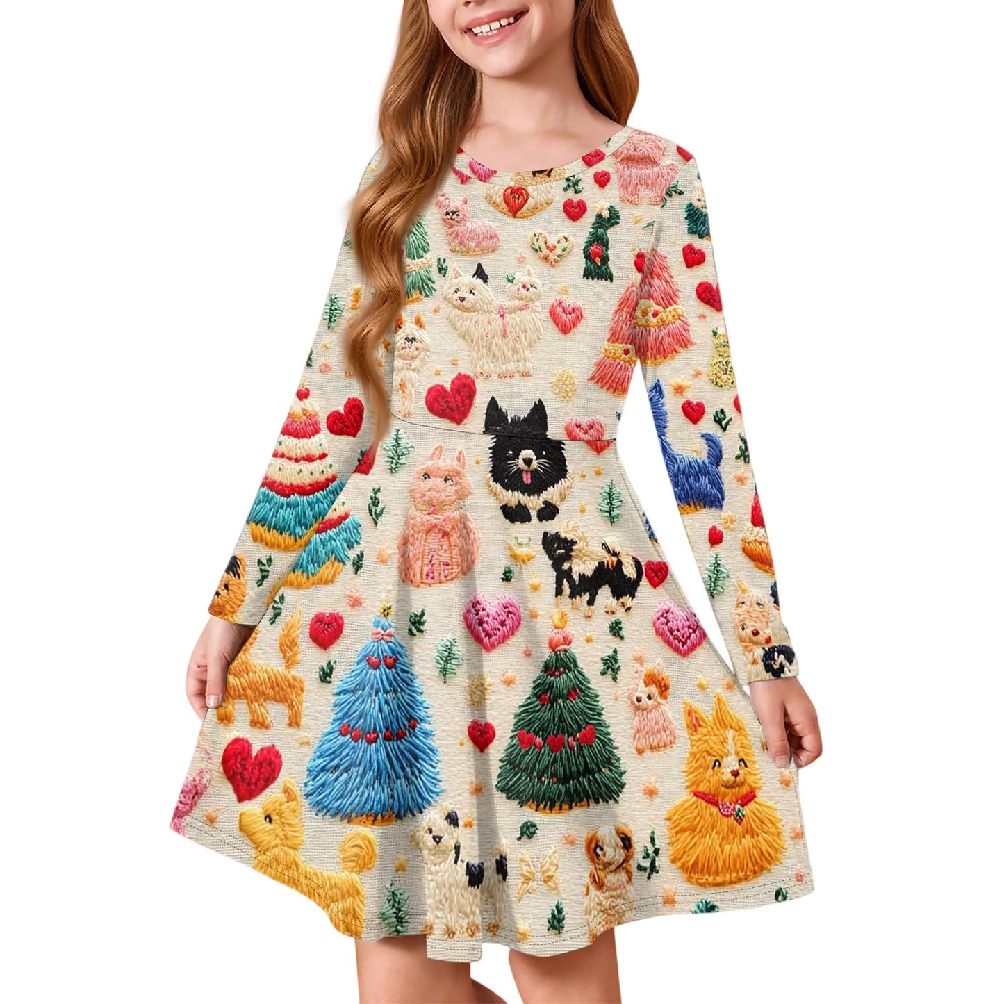 Girl Spring Summer Cozy Dress Exquisite Colorful Pattern Printed Comfortable Dress Girl Daily Casual Long Sleeve A Line Dress