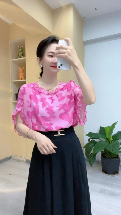Elegant O-Neck Printed Folds Ruffles Flare Sleeve Blouses Women's Clothing 2024 Summer New Loose Korean Tops Office Lady Shirts
