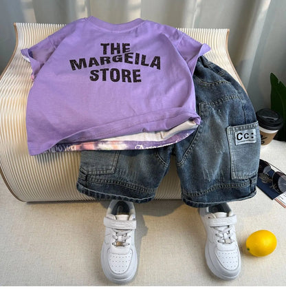 New Boys Fashion Summer Cotton Letter Printing T-shirts+Graffiti Denim Shorts 2pcs Set Kids Korean Outfits Sets Children Clothes