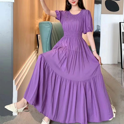 Summer New Cotton Silk Dr Casual High Waist Floral Print Beachwear Outerwear Slimming Waist Long Skirt A-Line Gown