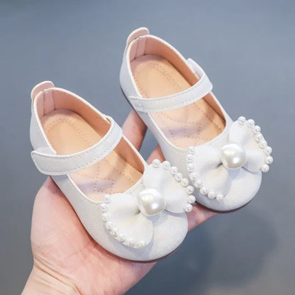 Girl's Leather Shoes Casual Simple Bowtie with Pearls 2024 New Flat Shoes Soft Sole Baby Kids Dress Shoes Children Party Flats