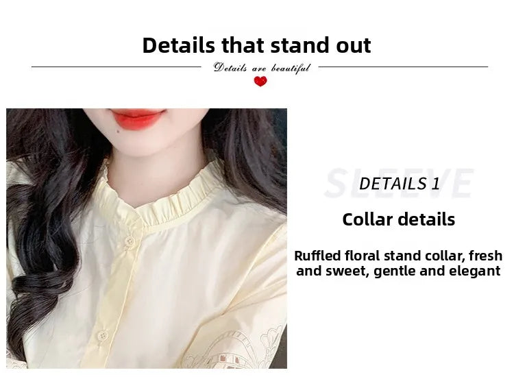 Ele Embroidered ort Sve irt Women's Summer New Design Korean Sle Commute Lantern Sve White irt for Ladies