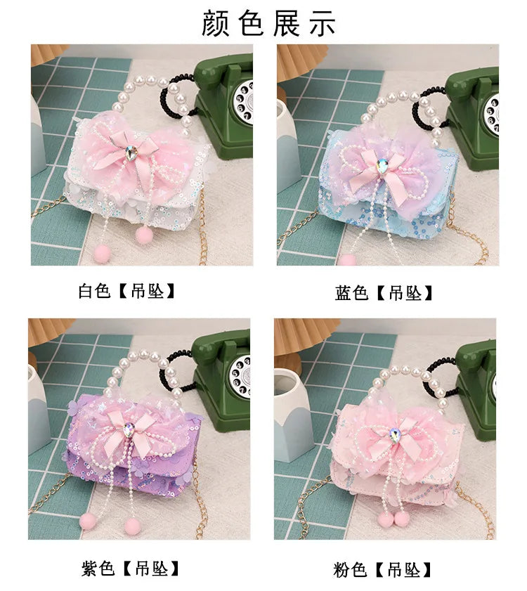 Cute Sequin Bow Kids Mini Square Shoulder Bags Versatile Children Chain Crossbody Bag Lace Girls Pearl Handbags Clutch Purse (Available)