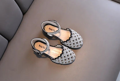 Children Spring Summer Korean Version Dance Shoes Girls Pearl Show Shoes Girl Rhinestone Princess Lace Leather Shoes Solid Color