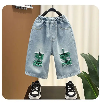 New Children's Printed Thin T-shirt+ hole Denim Shorts Teenager Boys Summer Fashion outfits