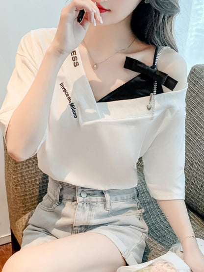 Unique Design oulder Bared ort Sve V-Ne Loose T-irt for Women  Knot Print Splice Asymmetrical Korean Sle