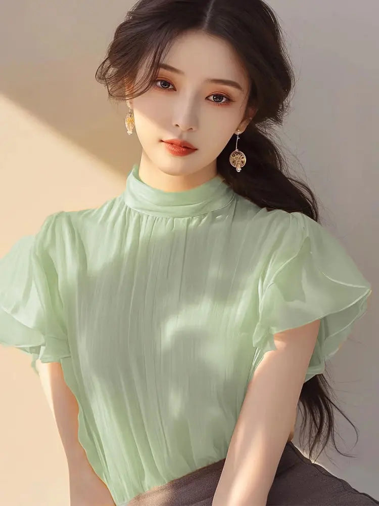 Short-sleeved Top for Women in Summer Fashionable Shirt French Style Unique and Beautiful Age-reducing Mint Green Chiffon Shirt