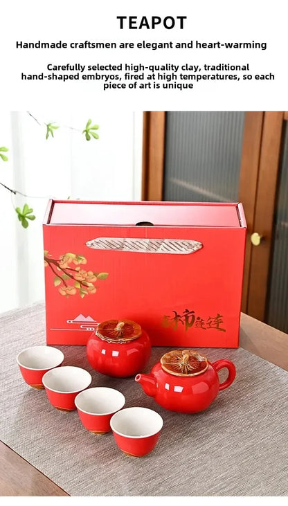 Auspicious Red Ceramic Tea Set Gift Box - Chinese New Year Wedding Corporate Gifts, Good Fortune Design Teapot & Cups